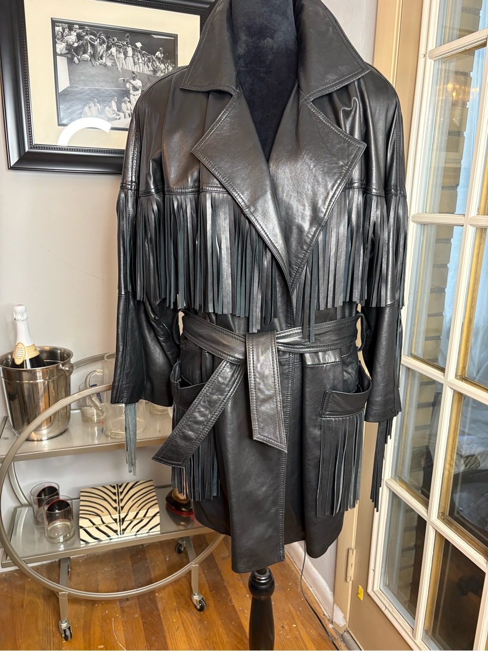 Andrew Marc Black Leather Fringe Trench Coat medium